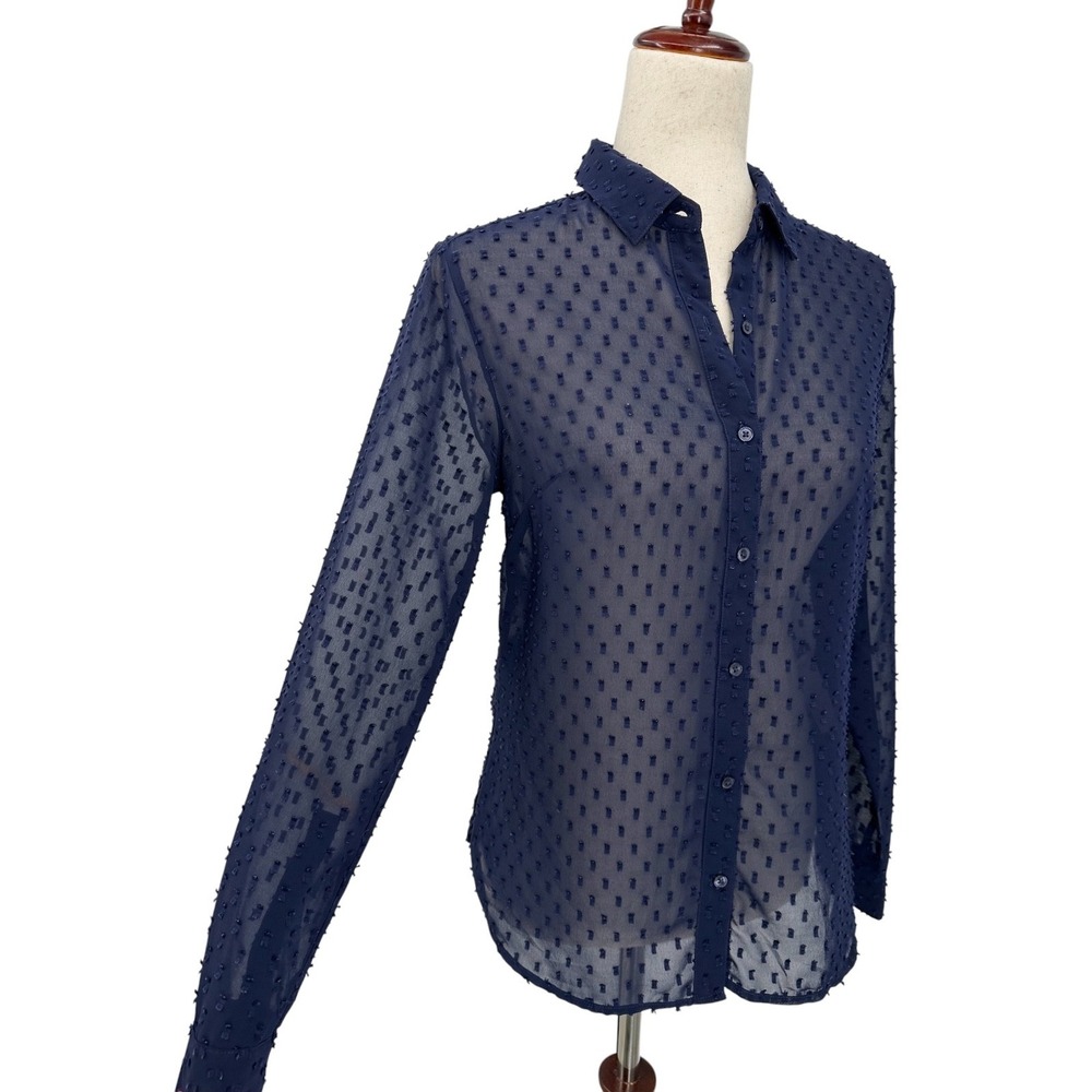 Banana Republic Sheer Blouse Button-up Navy‎ Blue Swiss Dot Women's XS Petite